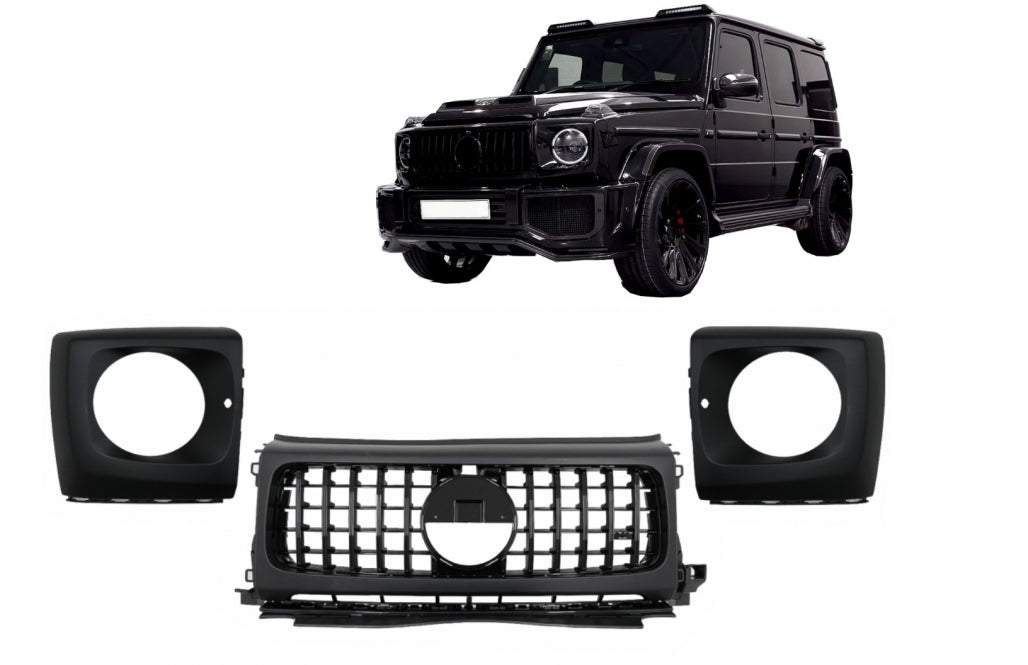 Front Grille GT-R Panamericana Piano Black Design with Headlights Covers for Mercedes G-Class W464 W463A G63 AMG (06.2018–Up)