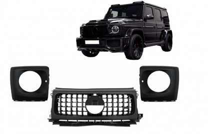 Front Grille GT-R Panamericana Piano Black Design with Headlights Covers for Mercedes G-Class W464 W463A G63 AMG (06.2018–Up)