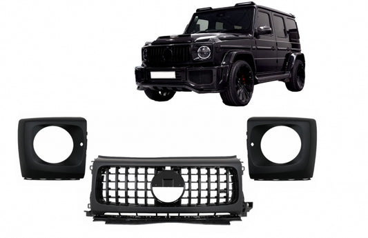 Front Grille GT-R Panamericana Piano Black Design with Headlights Covers for Mercedes G-Class W464 W463A G63 AMG (06.2018–Up)