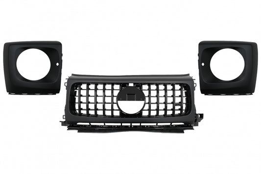 Front Grille GT-R Panamericana Piano Black Design with Headlights Covers for Mercedes G-Class W464 W463A G63 AMG (06.2018–Up)