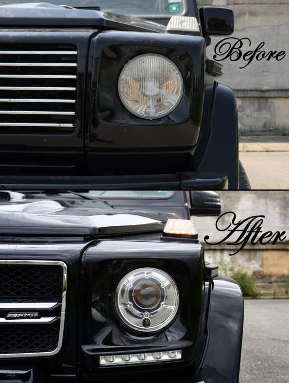 Headlight Covers with LED DRL suitable for Mercedes G-Class W463 (1989–2012) G65 Design Chrome