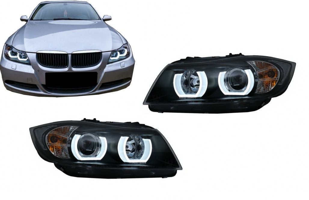Headlights U-LED 3D Halogen Black for BMW 3 Series E90 E91 LHD (2005–2008)