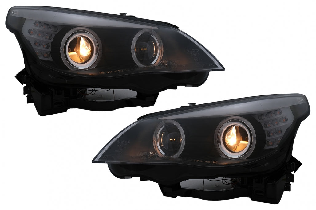 LED Angel Eyes Headlights Black LCI Design for BMW 5 Series E60 E61 (2003–2007)