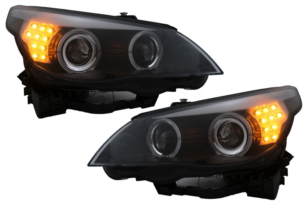 LED Angel Eyes Headlights Black LCI Design for BMW 5 Series E60 E61 (2003–2007)