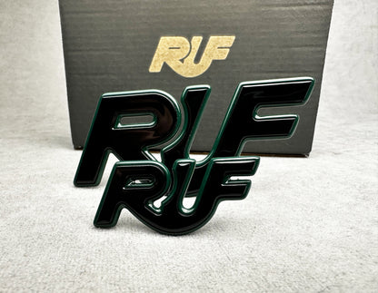 Close-up of mean green with black RUF badge for Porsche classic models