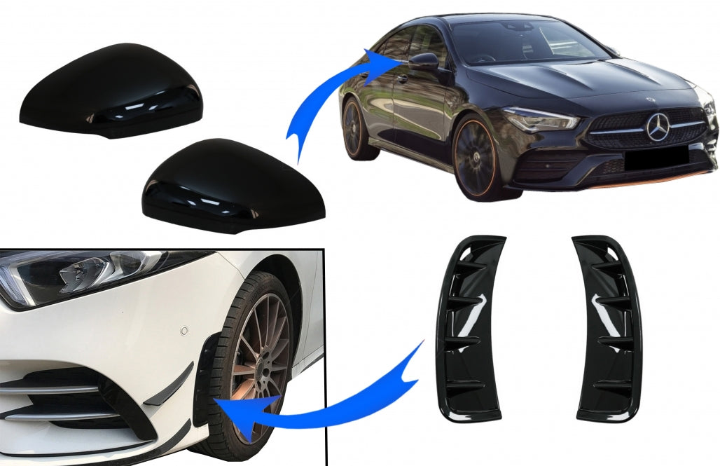 Mirror Covers with Front Bumper Side Vents Piano Black for Mercedes A-Class W177 V177 (2018–2022)