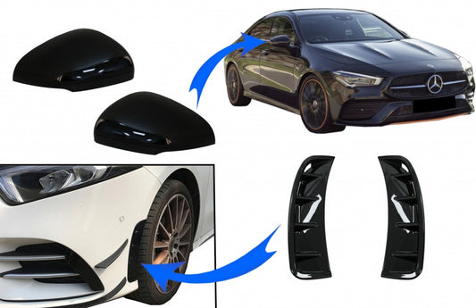 Mirror Covers with Front Bumper Side Vents Piano Black for Mercedes A-Class W177 V177 (2018–2022)