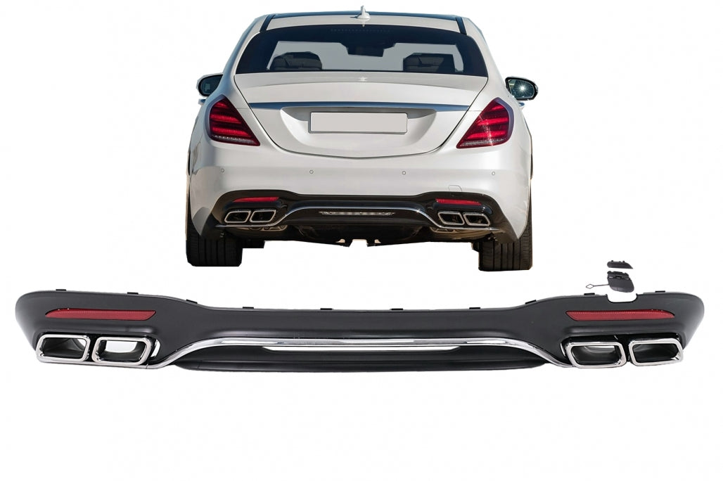 Rear Bumper Diffuser S63 Design with Chrome Exhaust Tips for Mercedes S-Class W222 Facelift Sport Line (2017–2020)