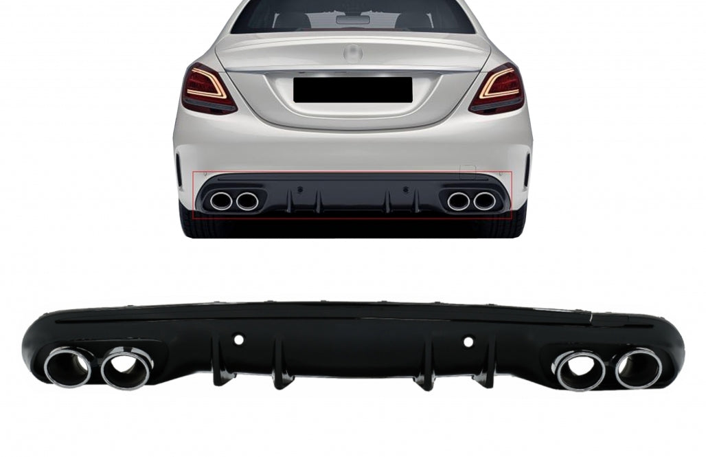 Rear Bumper Diffuser with Chrome Exhaust Tips C43 Design for Mercedes C-Class W205 S205 AMG Line (2014–2020)