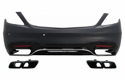 Rear Bumper S63 Design with Diffuser & Black Emerald Exhaust Tips for Mercedes S-Class W222 Facelift Sedan (07.2017–08.2020)