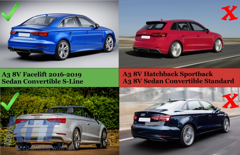 Rear Bumper Valance Diffuser compatible with Audi A3 8V Facelift (2016-2019) S-Line Bumper Sedan Convertible S3 Design