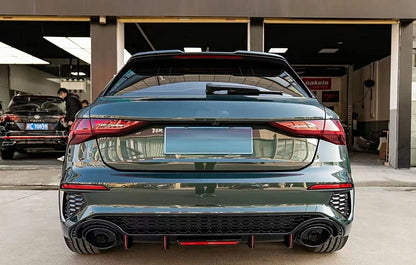 Rear Bumper Valance Diffuser compatible with Audi A3 8Y Hatchback S-Line and S3 2020-up, aggressive sport design with brake light integration.