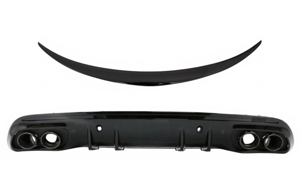 Rear Diffuser with Exhaust Tips and Trunk Spoiler Piano Black for Mercedes C-Class W205 Sedan AMG Line (2014–2020)
