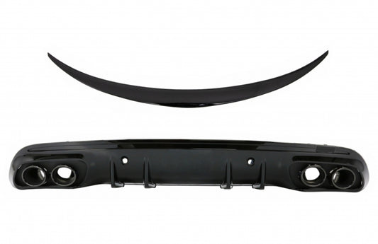 Rear Diffuser with Exhaust Tips and Trunk Spoiler Piano Black for Mercedes C-Class W205 Sedan AMG Line (2014–2020)
