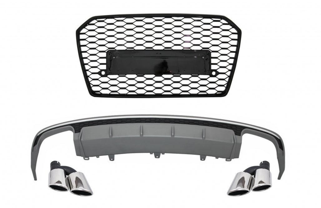S6 Design Rear Diffuser & Exhaust Tips with Front Grille for Audi A6 4G Facelift Sedan (2015–2018)