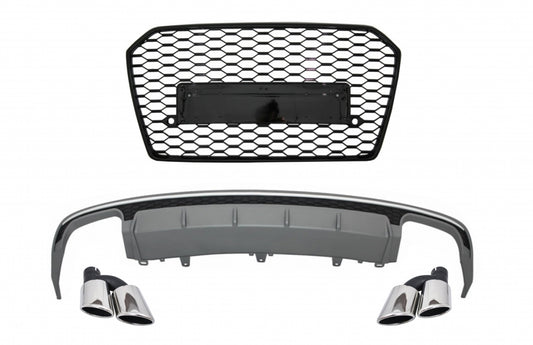S6 Design Rear Diffuser & Exhaust Tips with Front Grille for Audi A6 4G Facelift Sedan (2015–2018)
