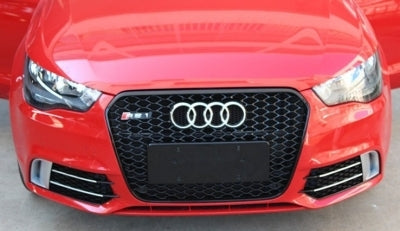 Side Grilles Fog Lamp Covers compatible with Audi A1 8X (2010-2015) RS1 Design Black with Brushed Aluminum Insertions