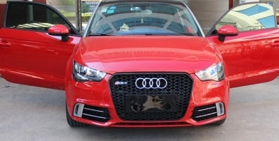 Side Grilles Fog Lamp Covers compatible with Audi A1 8X (2010-2015) RS1 Design Black with Brushed Aluminum Insertions