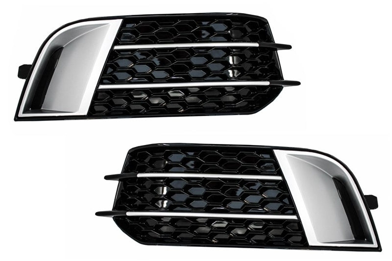 Side Grilles Fog Lamp Covers compatible with Audi A1 8X (2010-2015) RS1 Design Black with Brushed Aluminum Insertions