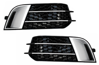 Side Grilles Fog Lamp Covers compatible with Audi A1 8X (2010-2015) RS1 Design Black with Brushed Aluminum Insertions