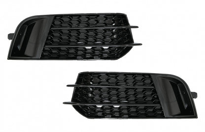 Side Grilles Fog Lamp Covers compatible with Audi A1 8X (2010–2015), RS1 Design in Piano Black, made of high-quality ABS plastic.