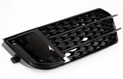 Side Grilles Fog Lamp Covers compatible with Audi A1 8X (2010–2015), RS1 Design in Piano Black, made of high-quality ABS plastic.