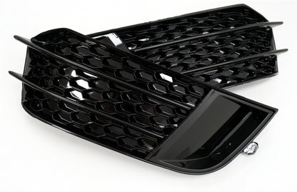 Side Grilles Fog Lamp Covers compatible with Audi A1 8X (2010–2015), RS1 Design in Piano Black, made of high-quality ABS plastic.