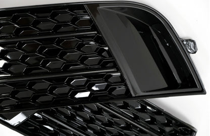Side Grilles Fog Lamp Covers compatible with Audi A1 8X (2010–2015), RS1 Design in Piano Black, made of high-quality ABS plastic.