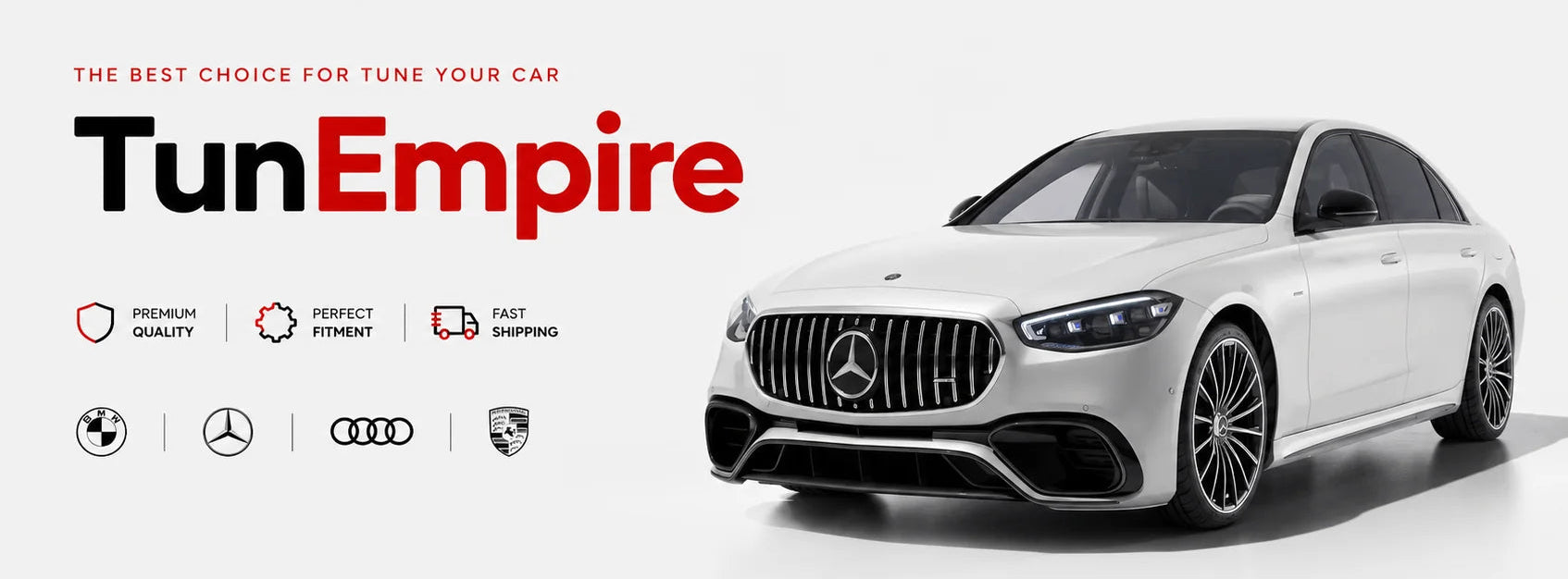 White Mercedes-Benz car with Tun Empire branding on a white background