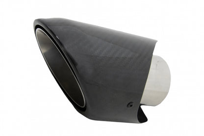 Universal carbon fiber exhaust muffler tip with polished finish and 6.2cm inlet, performance upgrade for any vehicle.