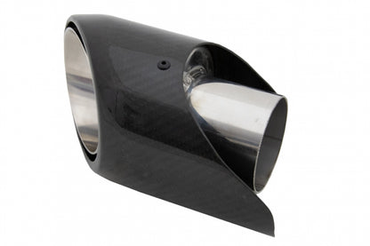 Universal carbon fiber exhaust muffler tip with polished finish and 6.2cm inlet, performance upgrade for any vehicle.