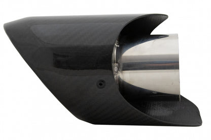 Universal carbon fiber exhaust muffler tip with polished finish and 6.2cm inlet, performance upgrade for any vehicle.