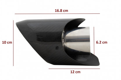 Universal carbon fiber exhaust muffler tip with polished finish and 6.2cm inlet, performance upgrade for any vehicle.