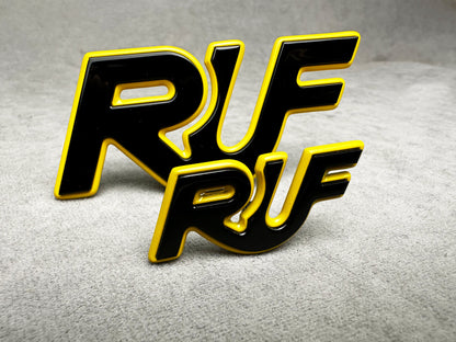 High-quality RUF badge in bold yellow with black finish for Porsche 911